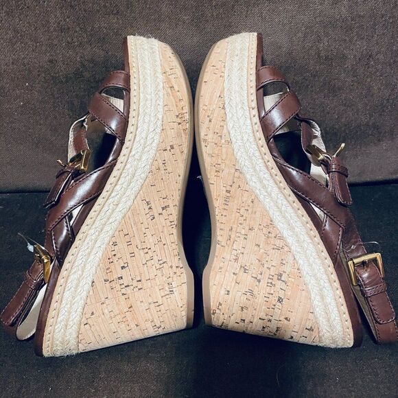 PRADA Vitello Shine Leather and Cork Espadrille Wedge Sandals Brown 37.5 EU 7.5 - Picture 9 of 9